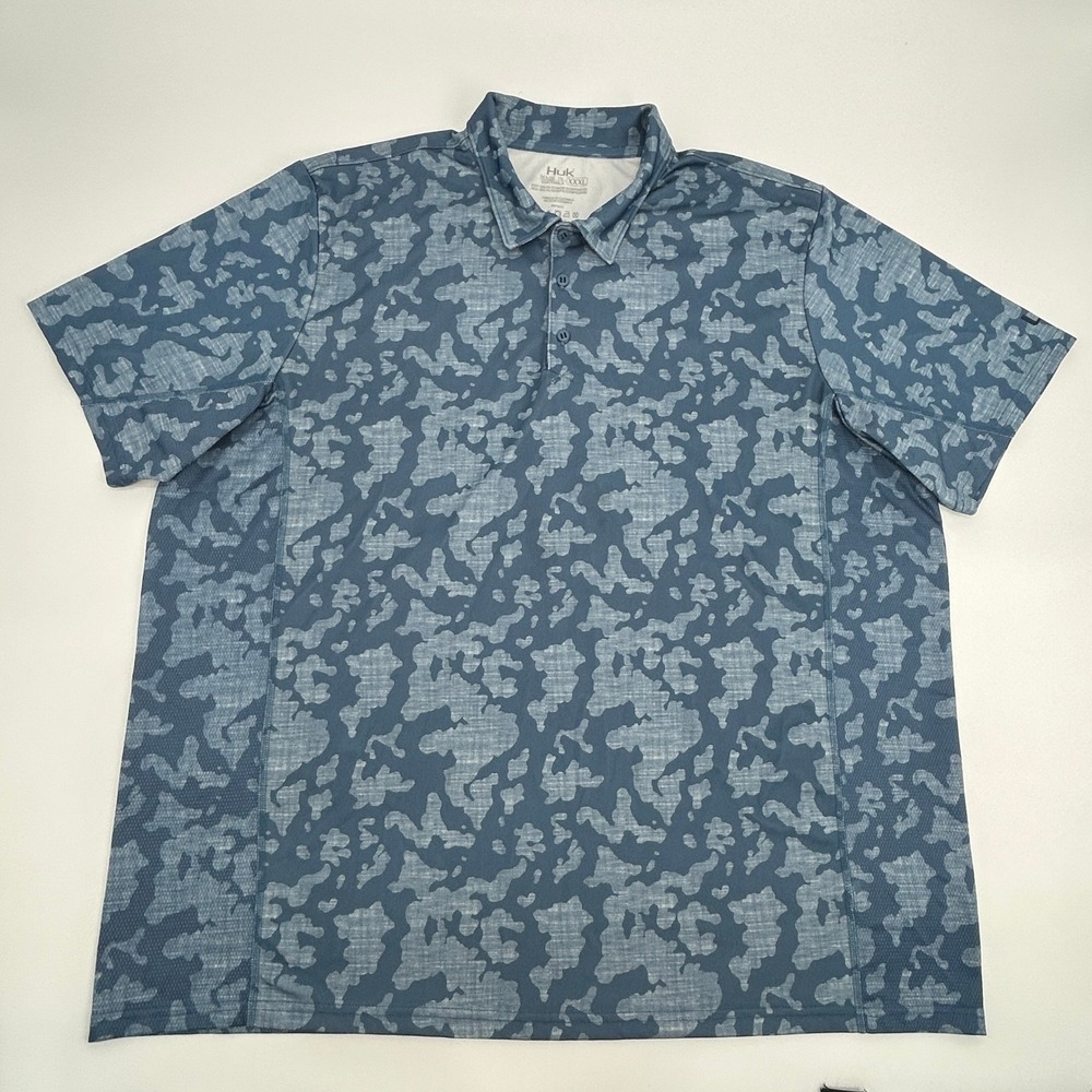 Huk‎ Performance Fishing Polo Shirt Men's XXXL 3XL Blue Camo Short Sleeve